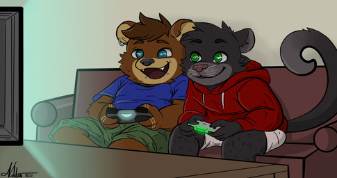 anthro clothing controller duo ear_piercing ear_ring facial_piercing game_controller gaming hamia lip_piercing male male/male muscular muscular_male piercing playstation_controller pullover ring_piercing shirt slightly_chubby smile snakebite_piercing television_show topwear whiskers kaitobear playstation sony_corporation sony_interactive_entertainment kaito bear felid mammal pantherine absurd_res hi_res