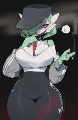 4_fingers blush breasts cigarette cleavage clothed clothing dialogue female fingers green_body green_hair hair hat headgear headwear heart_symbol legwear looking_at_viewer makeup mascara not_furry open_mouth open_smile red_eyes smile solo talking_to_viewer text topwear white_body yuio nintendo pokemon gardevoir generation_3_pokemon humanoid mammal pokemon_(species) absurd_res digital_media_(artwork) english_text hi_res shaded