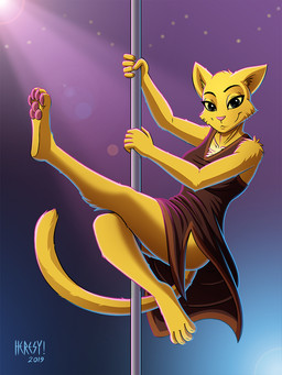 4_toes anthro barefoot biped black_eyes breasts clothed clothing dancing dress exposure_variation feet female fur lens_flare looking_at_viewer navel pawpads pink_nose pink_pawpads pole pole_dancing soles solo stripper stripper_pole toes yellow_body yellow_fur yellow_sclera heresy_(artist) microsoft prequel_adventure the_elder_scrolls katia_managan felid khajiit mammal 2019 3:4 digital_media_(artwork) full-length_portrait hi_res portrait shaded