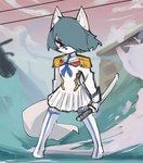 anthro blue_hair clothed clothing cosplay duo female fur grey_body grey_fur hair holding_melee_weapon holding_object holding_sword holding_weapon melee_weapon sword weapon hatsumiilkshake kill_la_kill studio_trigger junketsu satsuki_kiryuin tera_(hatsumiilkshake) canid canine canis kamui_(kill_la_kill) mammal wolf 2023