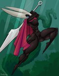 abs action_pose anthro black_body bodily_fluids breasts cape clothed clothing feet female genitals jumping midair muscular muscular_female non-mammal_breasts partially_clothed pose pussy solo sweat thick_thighs weapon wide_hips limetentacle hollow_knight team_cherry hornet_(hollow_knight) arthropod insect hi_res