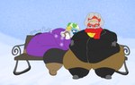 anthro belly bench beverage big_belly breasts clothed clothing coffee container cup duo eyewear female fur grey_body grey_fur hair highlights_(coloring) obese obese_anthro obese_female overweight overweight_anthro overweight_female simple_background sitting snow sunglasses thick_thighs wide_hips winter paceplusle nintendo pokemon generation_1_pokemon generation_8_pokemon lagomorph mammal pokemon_(species) raboot reptile scalie sobble 2022 digital_media_(artwork) hi_res