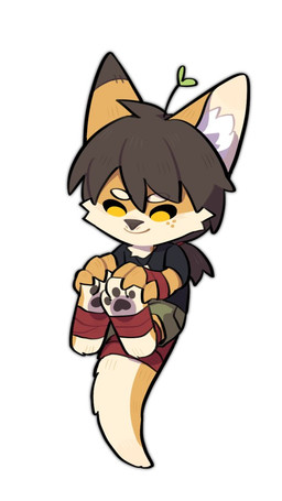anthro bandage bandaged_arm black_hair blue_clothing blue_shirt blue_t-shirt blue_topwear bottomwear cheek_tuft chibi closed_smile clothed clothing facial_tuft front_view fur green_bottomwear green_clothing green_pants hair male mouth_closed orange_body orange_fur pants shirt simple_background simple_eyes smile solo t-shirt topwear tuft unsigned white_background white_body white_fur asnnonaka 9:16