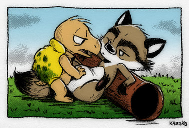 3_toes 4_fingers anthro black_body black_fur brown_body brown_fur cloud countershading duo eye_contact feet fingers from_front_position fur grass hand_on_belly legs_up log looking_at_another male male/male pawpads paws plant sex shell sitting spread_legs spreading striped_body striped_fur stripes tan_body tan_skin toes tree tree_trunk white_body white_fur wood conditional_dnp kazoko_(artist) dreamworks over_the_hedge rj_(over_the_hedge) verne_(over_the_hedge) mammal procyonid raccoon reptile scalie turtle