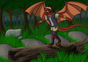 anthro biped clothed clothing forest fully_clothed horn log male outside plant red_body red_scales scales solo tail tree wings wood young emeraldwing highborn mythology dragon mythological_creature mythological_scalie scalie digital_media_(artwork) full-length_portrait portrait