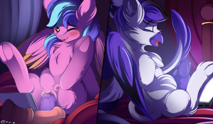 bed bedroom bodily_fluids clitoris computer dildo duo electronics female feral furniture genital_fluids genitals laptop male masturbation on_bed penile penile_masturbation penis precum sex_toy sitting teats vaginal vaginal_fluids vaginal_masturbation vulva wings conrie hasbro my_little_pony mythology avian gryphon mythological_avian mythological_creature hi_res