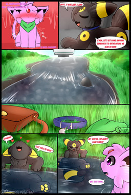 ambiguous_gender bag blue_collar collar dialogue duo female feral genitals grass green_scarf plant scarf speech_bubble text vulva rockii nintendo pokemon eeveelution espeon generation_2_pokemon pokemon_(species) umbreon comic english_text hi_res male_(lore)
