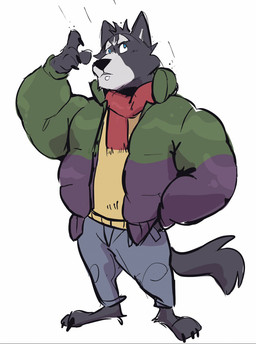 anthro blue_eyes bottomwear clothing facial_piercing fur hand_in_pocket jacket labret_piercing lip_piercing looking_up male multicolored_body multicolored_fur pants piercing pockets raining raised_hand scarf solo sweater topwear two_tone_body two_tone_fur haps adastra adastra_(series) echo_project amicus_(adastra) canid canine canis mammal wolf hi_res