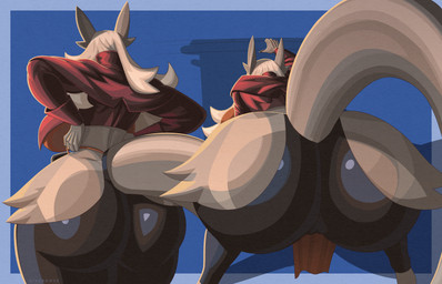 5_fingers anthro big_breasts big_butt black_bottomwear black_clothing black_pants bottomwear breasts butt butt_markings butt_tuft camel_toe camel_toe_from_behind clothing clothing_pull female fingers fur furgonomic_bottomwear furgonomic_pants furgonomics grey_body grey_fur hair jacket loincloth long_hair long_sleeves long_tail markings orange_clothing orange_shirt orange_topwear orange_underwear pants pointy_ears presenting presenting_hindquarters raised_arm raised_tail rear_view red_clothing red_jacket red_topwear shirt simple_background solo tail thick_tail thick_thighs topwear tuft underwear underwear_pull white_hair hiverdose solena_(hiverdose) canid canine mammal 14:9 hi_res
