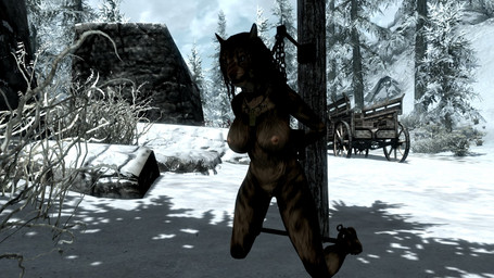 anthro bdsm biped bondage bound breasts captured chain chained female genitals jewelry kneeling nipples nude outside pendant plant prisoner public restraints screencap shadow_darklaw slave snow solo spreader_bar submissive submissive_female tree tree_bondage vulva unknown_artist bethesda_game_studios microsoft skyrim the_elder_scrolls felid khajiit mammal 16:9 3d_(artwork) digital_media_(artwork) hi_res widescreen