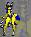 :< anthro blue_eyes cat_tail clothing eyewear eyewear_on_head female flip_flops footwear glasses glasses_on_head sandals shoes solo swimwear yellow_body macarroni animal_crossing nintendo ankha_(animal_crossing) domestic_cat felid feline felis mammal absurd_res alpha_channel alternate_version_at_source hi_res