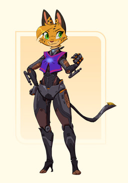 anthro clothing facial_markings female fist fur green_eyes hand_on_hip head_markings head_tuft high_heeled_feet jersey looking_aside machine markings metal_tail metallic_body pointy_ears pose pupils shirt simple_background slit_pupils smile solo spots spotted_body spotted_fur striped_markings stripes tail topwear tuft ruffu pepper_in_the_sandbox pepper_(ruffu) android felid feline hybrid mammal robot serval 2025 colored digital_drawing_(artwork) digital_media_(artwork) full-length_portrait hi_res portrait shaded