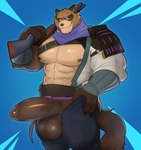 anthro balls big_balls big_penis brown_body brown_fur clothing erection facial_scar fur genitals huge_penis humanoid_genitalia humanoid_penis looking_at_viewer male muscular muscular_anthro muscular_male nipples nude pecs penis scar simple_background smile solo tail mafekoba epic_games fortnite hajime_(fortnite) canid canine mammal raccoon_dog tanuki hi_res