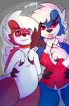 anthro breasts duo female male kitsunekotaro nintendo pokemon wooly_(kitsunekotaro) zwei_serigala generation_7_pokemon lycanroc midnight_lycanroc pokemon_(species) shiny_pokemon 2020 hi_res