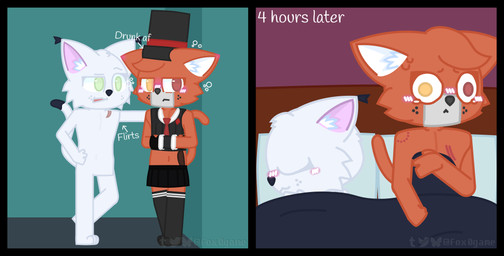 anthro bed bed_covers bedding bite bite_mark blush bodily_fluids bubble clothed clothing drunk drunk_bubble duo female female/female flirting freckled_face freckles fur furniture green_eyes hat headgear headwear heterochromia legwear love_bite love_bites meme_pose red_body red_eyes red_fur scratches simple_background stockings substance_intoxication sweat text top_hat white_body white_fur yellow_eyes fox0game mavzaline_(fox0game) felid feline mammal comic english_text hi_res watermark
