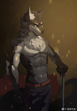 anthro arm_tuft black_body black_bottomwear black_clothing black_fur black_nose black_pants blue_eyes bottomwear clothed clothing elbow_tuft front_view fur glistening glistening_eyes grey_body grey_fur head_tuft male muscular muscular_anthro muscular_male navel neck_tuft pants red_bottomwear red_clothing red_pants shoulder_tuft simple_background solo standing topless tuft unsigned awaldkize canid canine canis mammal wolf hi_res portrait three-quarter_portrait