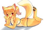 4_toes anthro bikini blonde_hair breasts butt claws clothed clothing cute_fangs erect_nipples facial_markings fangs feet female female_anthro fluffy fluffy_tail fur hair hand_on_face head_markings kemono looking_at_viewer lying markings nipple_outline nipples on_front open_mouth pawpads red_eyes solo swimwear tail teeth toe_claws toes two-piece_swimsuit yellow_body yellow_fur young young_anthro glin720 foxgirl_(glin720) canid canine fox mammal