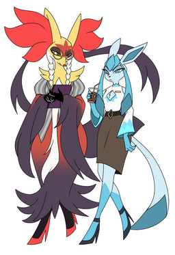 anthro belt belt_buckle beverage blue_body blue_eyes bottomwear buckle chest_window clothed clothing drinking_straw duo eyelashes eyewear female footwear glasses high_heels holding_beverage holding_object orange_eyes shoes skirt walking odeko-yma nintendo pokemon pokemon_mystery_dungeon spike_chunsoft alexandra_(odeko-yma) glaisha_(odeko-yma) eeveelution generation_4_pokemon generation_9_pokemon glaceon mega_delphox mega_evolution pokemon_(species) 2025 absurd_res digital_media_(artwork) hi_res