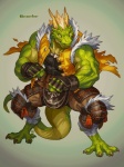 4_fingers 5_toes abs angry anthro armor biceps big_muscles biped blonde_hair bottomwear claws clothed clothing digitigrade fangs feet fighting_pose fingerless_gloves fingers fist gloves green_body green_scales grey_background hair handwear horn huge_muscles jacket legband looking_away male multicolored_body multicolored_scales muscular muscular_anthro muscular_male open_clothing open_jacket open_topwear pants pecs pose scales shirt simple_background solo standing tank_top teeth toe_claws toes topwear torn_clothing two_tone_body two_tone_scales unconvincing_armor vein white_eyes ymskk lizard reptile scalie digital_media_(artwork) full-length_portrait portrait