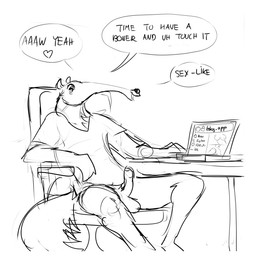 anthro chair computer dialogue electronics erection furniture genitals half_naked imminent_masturbation male nude penis sitting solo text grivaire bluesky_(social_media) grivaire_(character) anteater mammal pilosan xenarthran comic english_text hi_res monochrome