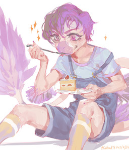 anthro cake clothing cutlery dessert eating eyewear feathers femboy fluffy fluffy_tail food footwear fork fruit glasses hair kitchen_utensils male overalls plant purple_body purple_eyes purple_feathers purple_hair purple_tail sitting socks solo strawberry strawberry_cake tail tools yellow_clothing yellow_footwear yellow_socks catheadyy goodbye_volcano_high ko_op_(game_developer) sage_(gvh) dinosaur dromaeosaurid microraptor prehistoric_species reptile saurischian scalie theropod 2025 absurd_res hi_res