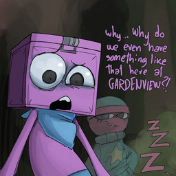 anthro clothing dialogue disbelief eyelashes female for_a_head gachapon male not_furry purple_body red_body shocked sleeping smile smirk sweater text topwear scrambledeve blushcrunch_studio dandy's_world roblox boxten_(dandy's_world) gigi_(dandy's_world) animate_inanimate humanoid object_head toon_(dandy's_world) 1:1 english_text hi_res