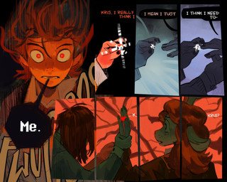 anthro blonde_hair blood bodily_fluids brown_hair clothing cracks dialogue duo female hair holding_wrist red_eyes ring snowgrave sweater text topwear macholobo deltarune undertale_(series) kris_dreemurr noelle_holiday deer human mammal 2025 absurd_res comic english_text hi_res