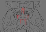 3_eyes anthro blood bodily_fluids female multi_eye smile solo wings bloowolfy angel domestic_cat felid feline felis mammal 2023 hi_res monochrome sketch