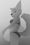 anthro bikini butt butt_pose clothing female licking looking_back looking_down pose smile solo swimwear tongue tongue_out two-piece_swimsuit darkholm1 canid canine fox mammal 2:3 greyscale hi_res monochrome