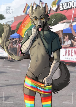 ambiguous_gender american_flag andromorph andromorph_focus anthro black_eyebrows black_nose blep bottomwear bottomwear_down cheek_tuft clothed clothing clothing_lift day exhibitionism eyebrows facial_tuft fur genitals green_clothing green_shirt green_topwear grey_body grey_fur group heart_symbol horn intersex intersex_focus legwear lgbt_pride long_snout long_tail looking_at_viewer multicolored_bottomwear multicolored_clothing multicolored_legwear multicolored_shorts multicolored_stockings navel no_underwear outside partially_clothed pink_tongue pride_colors public public_exposure rainbow_bottomwear rainbow_clothing rainbow_flag rainbow_legwear rainbow_pride_flag rainbow_shorts rainbow_stockings rainbow_symbol shirt shirt_lift shorts shorts_down slim snout solo_focus standing stockings tail tail_tuft tongue tongue_out topwear tuft united_states_of_america vulva white_horn yellow_eyes sadmishutka_(artist) mythology aquaticas_(character) dragon eastern_dragon mythological_creature mythological_scalie scalie 2021 colored digital_drawing_(artwork) digital_media_(artwork) hi_res shaded