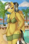 2014 2:3 absurd_res anthro anthrofied big_muffintosh bikini breasts brown_body brown_feathers cleavage clothed clothing cloud cutie_mark daring_do_(mlp) day equid equine eyelashes feathered_wings feathers female friendship_is_magic genitals hair hasbro hi_res looking_at_viewer mammal my_little_pony mythological_creature mythological_equine mythology navel outside pegasus pussy sky smile solo swimming_pool swimwear water wings