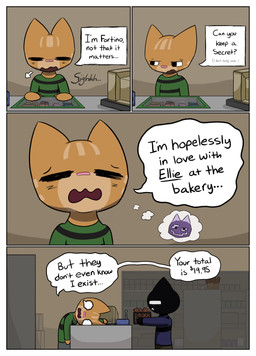 ambiguous_gender anthro black_body black_clothing black_eyes black_fur black_shirt black_topwear bodily_fluids border bottomwear brown_body brown_ears brown_fur clothing crt_monitor currency_symbol dialogue dollar_sign duo eyes_closed front_view fur green_clothing green_shirt green_topwear grey_bottomwear grey_clothing grey_pants grey_shirt grey_topwear half-closed_eyes holding_object inside looking_away male multicolored_body multicolored_clothing multicolored_fur multicolored_shirt multicolored_topwear narrowed_eyes pants pink_nose question_mark screen shelf shirt side_view sigh speech_bubble store symbol tears text thought_bubble topwear two_tone_body two_tone_clothing two_tone_fur two_tone_shirt two_tone_topwear white_border vo_able easy_delivery_co. fortino_(easy_delivery_co.) domestic_cat felid feline felis mammal 2025 absurd_res comic digital_media_(artwork) english_text hi_res