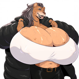 age_spots anthro aroused belt big_breasts bottomwear breasts byrnne_(homura) clothed clothing ear_piercing elderly_female eyeshadow female grey_hair grin hair jacket looking_at_viewer makeup nipple_outline pants piercing sharp_teeth shirt simple_background smile solo stretch_marks teeth tongue tongue_out topwear vein white_background wrinkles cosmicdanger felid lion mammal pantherine 1:1 hi_res