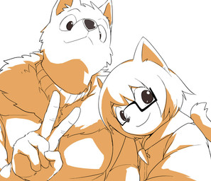age_difference anthro clothed clothing duo eyewear gesture glasses hand_gesture happy jacket kemono looking_at_viewer male perspective selfie simple_background size_difference smile topwear v_sign white_background young young_anthro manmosu_marimo shota_feline_(marimo) white_canine_(marimo) canid canine canis domestic_cat felid feline felis mammal wolf 2015 digital_media_(artwork) monochrome