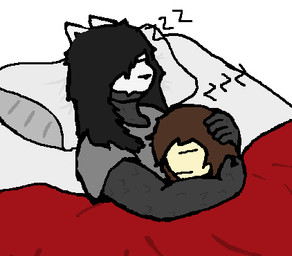 anthro bed comfy cuddling duo eyes_closed female furniture grabbing_head hug human_on_anthro interspecies male male/female pillow simple_background sleeping sound_effects vowelless vowelless_sound_effect zzz xerg-7 eden_(xerg-7) pura_(xerg-7) human mammal low_res