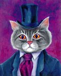 2018 acrylic_painting_(artwork) anthro blue_clothing blue_hat blue_headwear blue_suit blue_top_hat bust_portrait clothed clothed_anthro clothed_male clothing colored domestic_cat dress_shirt english_description felid feline felis front_view fur grey_body grey_fur hat headgear headwear light lighting looking_at_viewer male male_anthro mammal multicolored_body multicolored_fur necktie orange_eyes pink_inner_ear pink_nose poopbear portrait purple_background purple_necktie shaded shirt simple_background solo suit top_hat topwear traditional_media_(artwork) whiskers white_dress_shirt