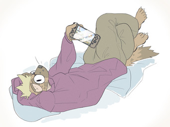 anthro clothing eyewear glasses hoodie lying male nerd on_back simple_background solo topwear white_background dama624 nintendo nintendo_switch hyena mammal