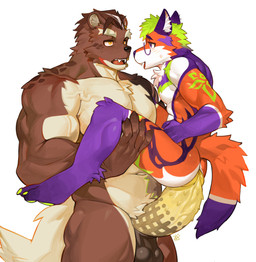 anthro athletic athletic_anthro athletic_male big_penis biped bodily_fluids brown_body brown_fur duo erection eye_contact eyewear eyewear_only fur fur_markings genitals glans glasses glasses_only green_hair green_markings hair humanoid_genitalia humanoid_penis looking_at_another male male/male markings muscular muscular_anthro muscular_male nude nude_anthro nude_male orange_body orange_fur penis purple_body purple_fur purple_markings sex size_difference spiked_penis spikes spikes_(anatomy) standing standing_sex sweat sweatdrop vein veiny_muscles wearing_glasses white_body white_fur white_markings art_uza bear canid canine fox mammal 2026 absurd_res hi_res