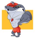 abs anthro biceps bottomwear clothing eyewear fin grey_body grin male muscular muscular_anthro muscular_male pecs pose shorts smile solo sunglasses teeth whistle_(object) analon_(artist) zig_and_sharko sharko fish marine shark