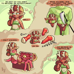 animal_genitalia animal_penis anthro antlers bdsm bottomwear brown_body brown_fur brown_hair captured clothing disembodied_penis duo embarrassed female feral fur genitals green_body green_skin group hair heart_eyes heart_symbol held_up horn imminent_sex loincloth male male/female penis shy solo submissive submissive_female tentacles text thought_bubble bonefiend canid canine canis deer human humanoid mammal mimic orc wolf 1:1 comic english_text hi_res