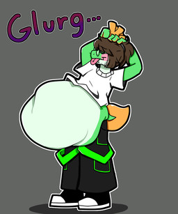 abdominal_bulge anthro anthro_pred clothed clothing male mintyfrog onomatopoeia solo sound_effects text vore meltedmints amphibian frog 5:6 hi_res