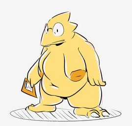 anthro barely_visible_genitalia belly big_belly big_breasts breasts buckteeth claws clipboard deep_navel eyewear female genitals glasses holding_clipboard holding_object huge_belly looking_at_viewer navel nipples non-mammal_nipples obese obese_anthro obese_female overweight overweight_anthro overweight_female scales shortstack solo standing teeth thick_thighs yellow_body yellow_scales vyralewd undertale undertale_(series) alphys lizard reptile scalie hi_res