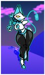 anthro blue_hair blush blush_stickers boots border bottomwear breasts clothing female floating_hands footwear hair loincloth looking_at_viewer machine open_mouth shoes solo thick_thighs topwear white_border yellow_eyes nanodude78 deltarune undertale_(series) tasque_manager darkner felid mammal robot