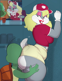 anthro biped bottomwear breasts butt clothed clothing crossgender duo female green_body grey_body hat headgear headwear mtf_crossgender red_clothing stinkface thick_thighs topwear usnarbit looney_tunes warner_brothers bugs_bunny cecil_turtle lagomorph leporid mammal rabbit reptile scalie turtle hi_res