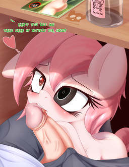 bestiality between_legs bite blush bodily_fluids bottomwear clothing dialogue dripping duo fellatio female feral heart_symbol human_on_feral interspecies licking lube magazine male male/female oral pants penile porn_magazine pornography saliva saliva_drip sex tongue under_table an-m hasbro my_little_pony fan_character setna equid equine horse human mammal pony absurd_res hi_res