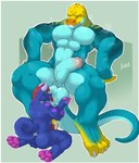4_toes 5_fingers abs anthro ball_lick balls biceps blue_body bodily_fluids canid canine canis claws collared_lizard common_collared_lizard cum cum_on_penis cum_on_tail dingo domestic_dog duo erection feet finger_claws fingers genital_fluids genitals glistening glistening_balls glistening_genitalia hand_on_balls hi_res holding_balls husky hybrid koa_wolf larger_anthro larger_male leaking_precum licking lizard looking_down looking_down_at_partner male male/male mammal monroe_lehner muscular muscular_anthro muscular_male muscular_thighs nordic_sled_dog oral pawpads pecs penis precum precum_on_leg purple_body reptile scalie sex size_difference smaller_anthro smaller_male spitz steam sweat sweaty_chest tail toe_claws toes tongue tongue_out vein veiny_penis