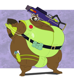 anthro belly belly_smack big_belly brown_body brown_fur bulge fur gun huge_belly male musclegut muscular muscular_male overweight overweight_male pecs ranged_weapon red_eyes solo weapon reagan700 guardians_of_the_galaxy marvel rocket_raccoon mammal procyonid raccoon hi_res
