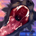 anthro bodily_fluids drooling fangs fur hair male mawplay mouth_shot open_mouth saliva saliva_string sharp_teeth simple_background smile solo teeth tongue tongue_out uvula surylimon videlthewusky canid canine canis hybrid mammal wolf wolfdog 1:1 digital_media_(artwork) hi_res