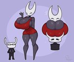 2_horns 4_fingers anthro big_breasts biped black_body black_skin bodily_fluids boob_hat bottomwear breasts cleavage cleavage_overflow clothed clothing dress duo eyes_closed featureless_feet feet female fingers heart_symbol horn huge_breasts index_to_index male motion_lines mouthless non-mammal_breasts noseless pants red_clothing red_dress size_difference standing suit sweat sweatdrop text thick_thighs wave white_head mehdrawings hollow_knight team_cherry hornet_(hollow_knight) the_knight_(hollow_knight) arthropod vessel_(species) 2025 absurd_res artist_name hi_res watermark brother_(lore) brother_and_sister_(lore) sibling_(lore) sister_(lore)