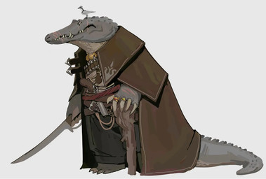 ambiguous_gender anthro belt biped blind_eye brown_clothing bullet claws clothing duo feral grey_body grey_scales gun jacket melee_weapon pirate ranged_weapon ring scales scar sharp_teeth simple_background solo_focus standing sword tail teeth three-quarter_view topwear walking_stick weapon white_background ryan_pallett alligator alligatorid avian bird crocodilian reptile scalie